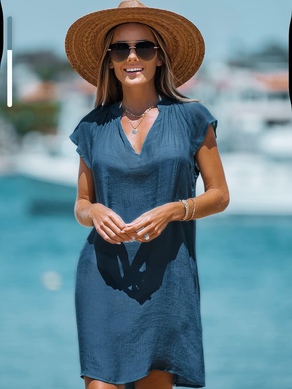 Cupshe Teal V-Neck Short Capped Sleeve Beach Cover-Up Dress - Picture 3 of 5